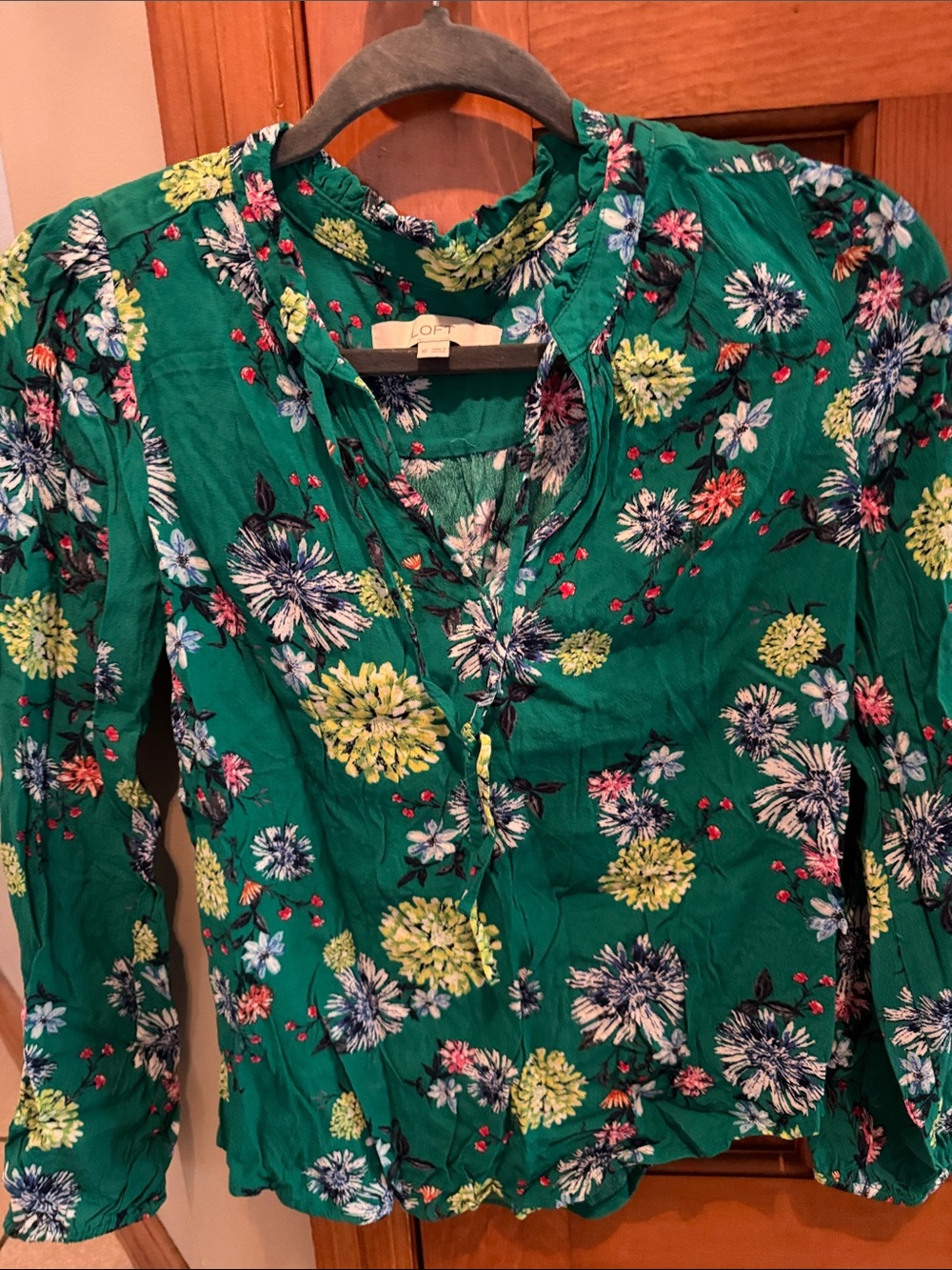 LOFT Green Floral Ruffled Neck Blouse